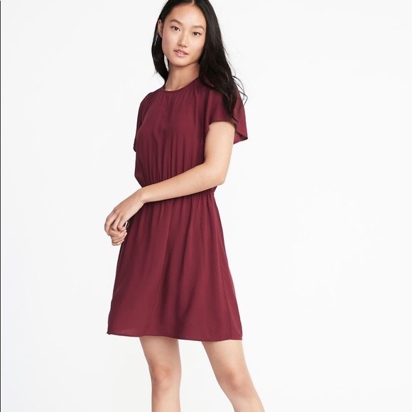 Old Navy Rayon Waist Defined Maroon Dress - Picture 2 of 5